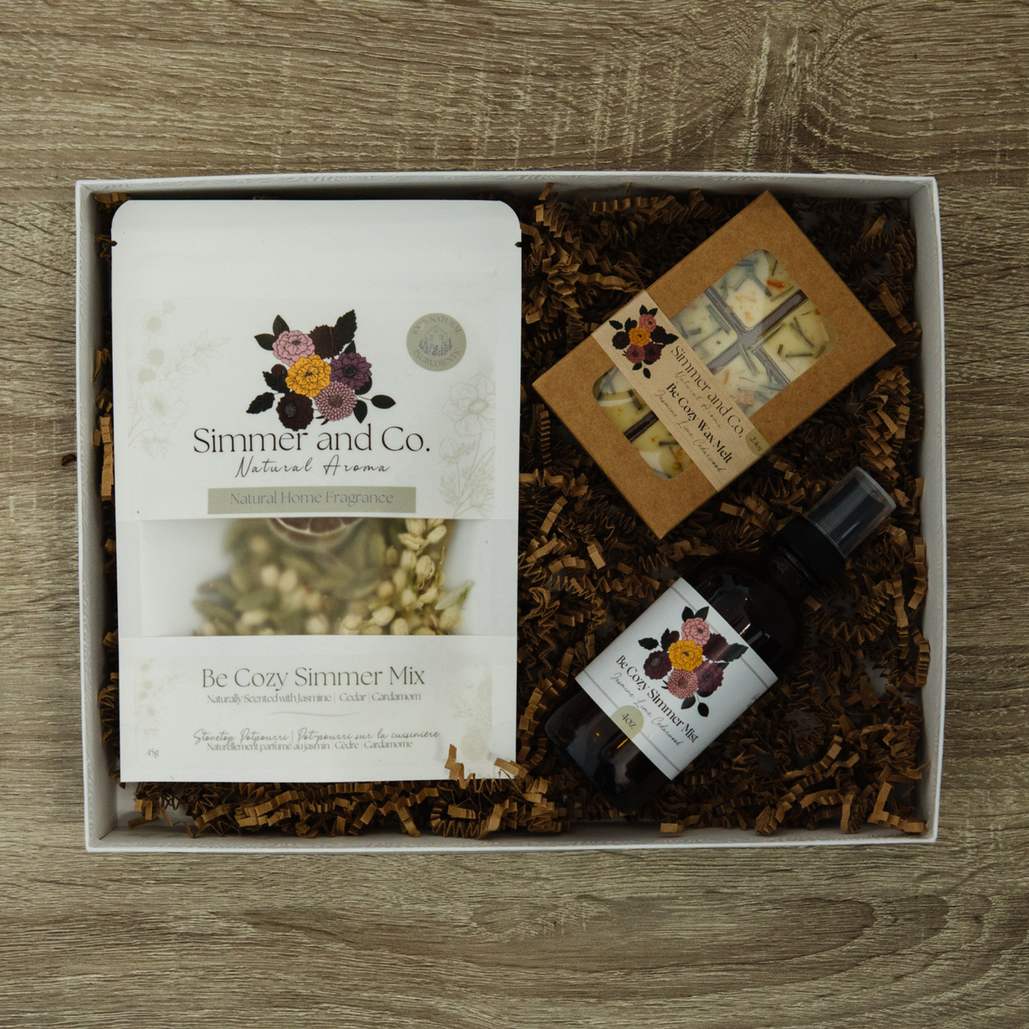Cozy Home Gift Set, Natural Floral Spice Simmer Mix, Mist + Wax Melt