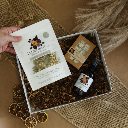 Cozy Home Gift Set, Natural Floral Spice Simmer Mix, Mist + Wax Melt