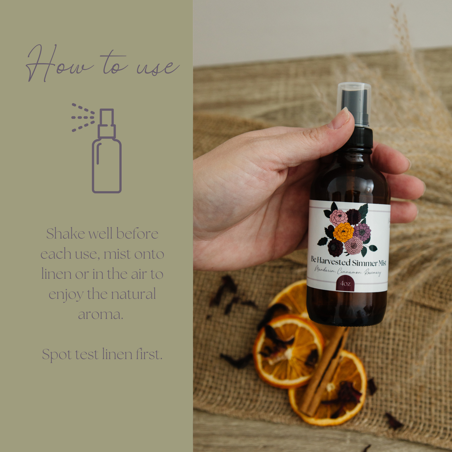 Be Harvested Simmer Mist, Natural Citrus Spice Room + Linen Spray